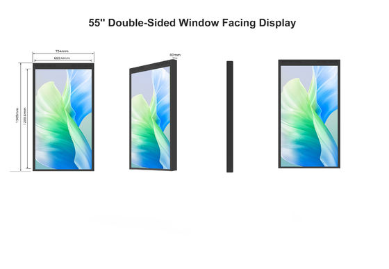 55 inch dubbelzijdig venster LCD-scherm zonlicht leesbaar met ultra stille koelventilatoren